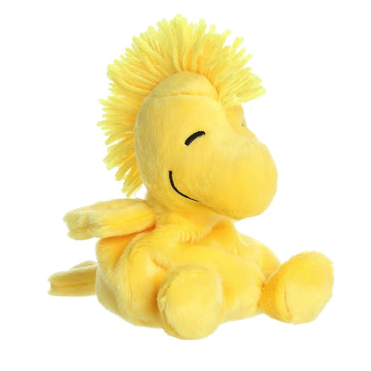 Palm Pals Peanuts Woodstock 5-inch plush, a bright yellow bird with spiky hair and smiling eyes.
