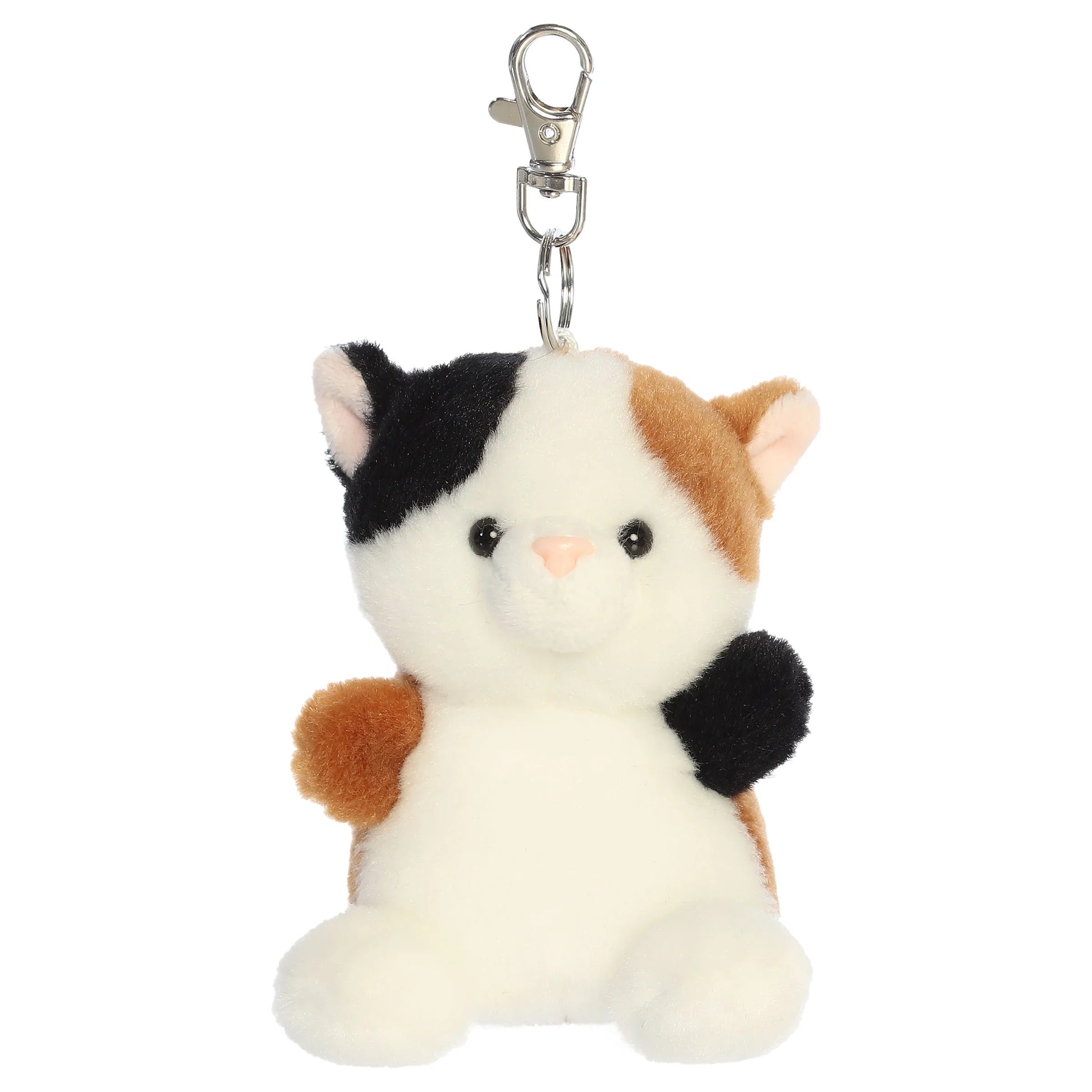 Palm Pals Peebs Calico Cat Clip-On plush toy featuring black, white, and brown spots, a mellow expression, and a metal keychain clip.