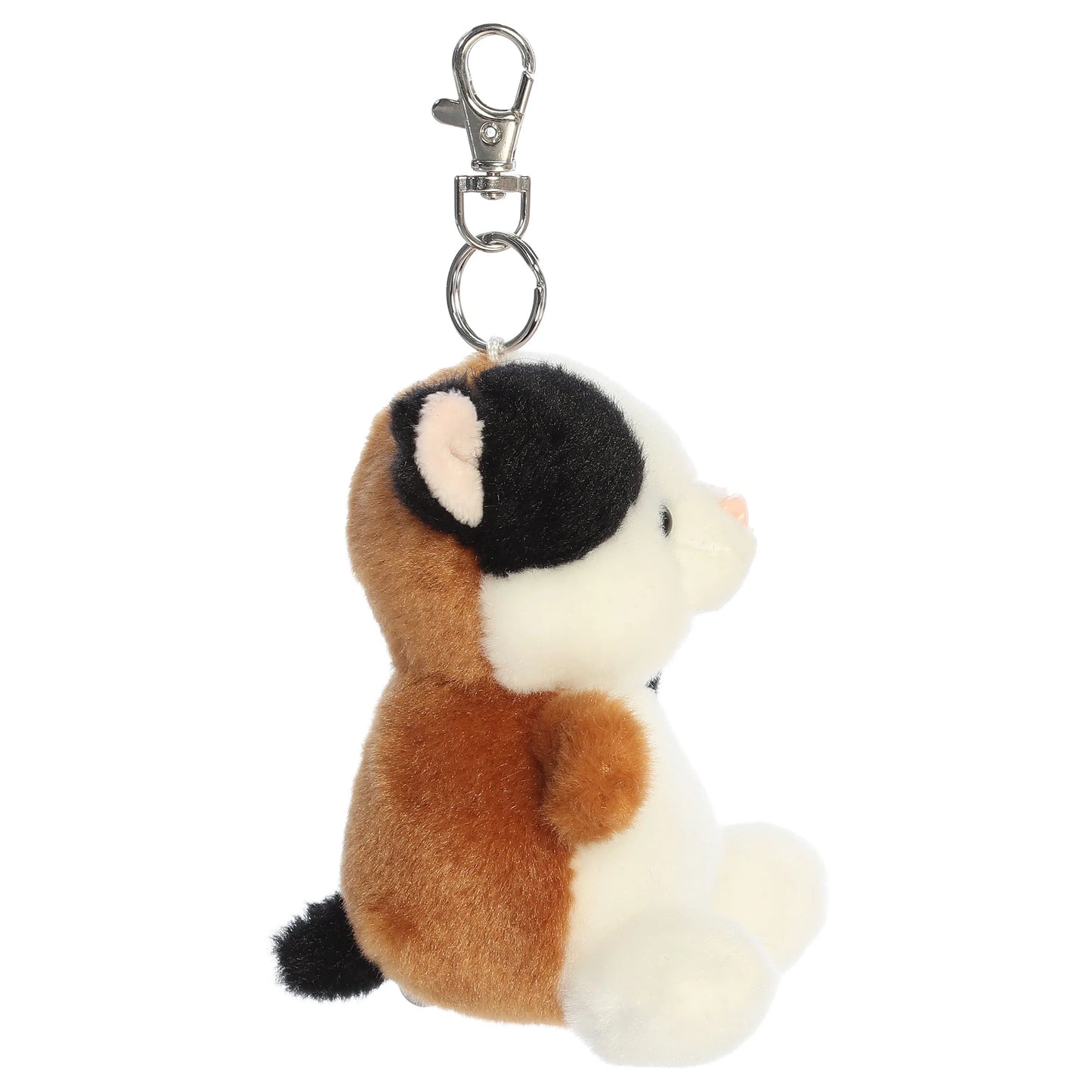 Palm Pals Peebs Calico Cat Clip-On plush toy featuring black, white, and brown spots, a mellow expression, and a metal keychain clip.