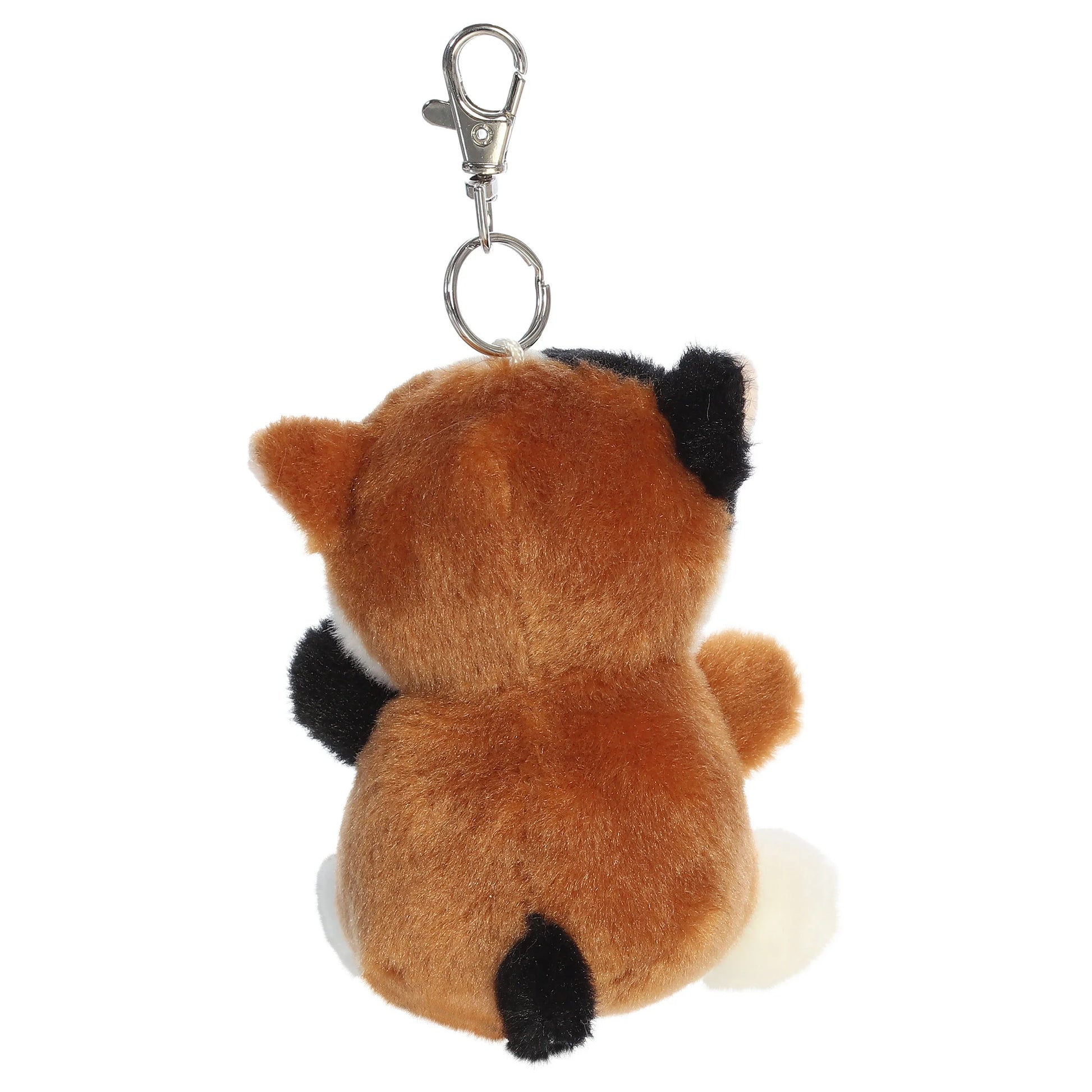 Palm Pals Peebs Calico Cat Clip-On plush toy featuring black, white, and brown spots, a mellow expression, and a metal keychain clip.