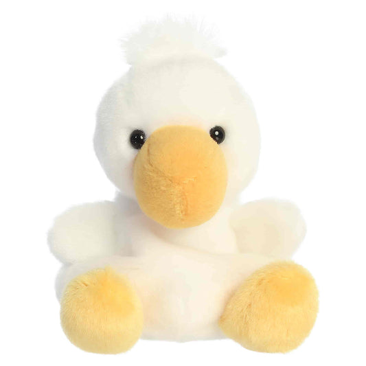 Palm Pals Percy Pelican plush featuring a soft white body, bright yellow beak, and a fuzzy tuft of hair on his head.