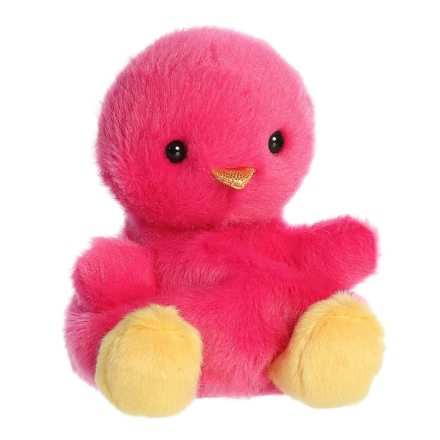 Pink plush duck with yellow feet on a white background