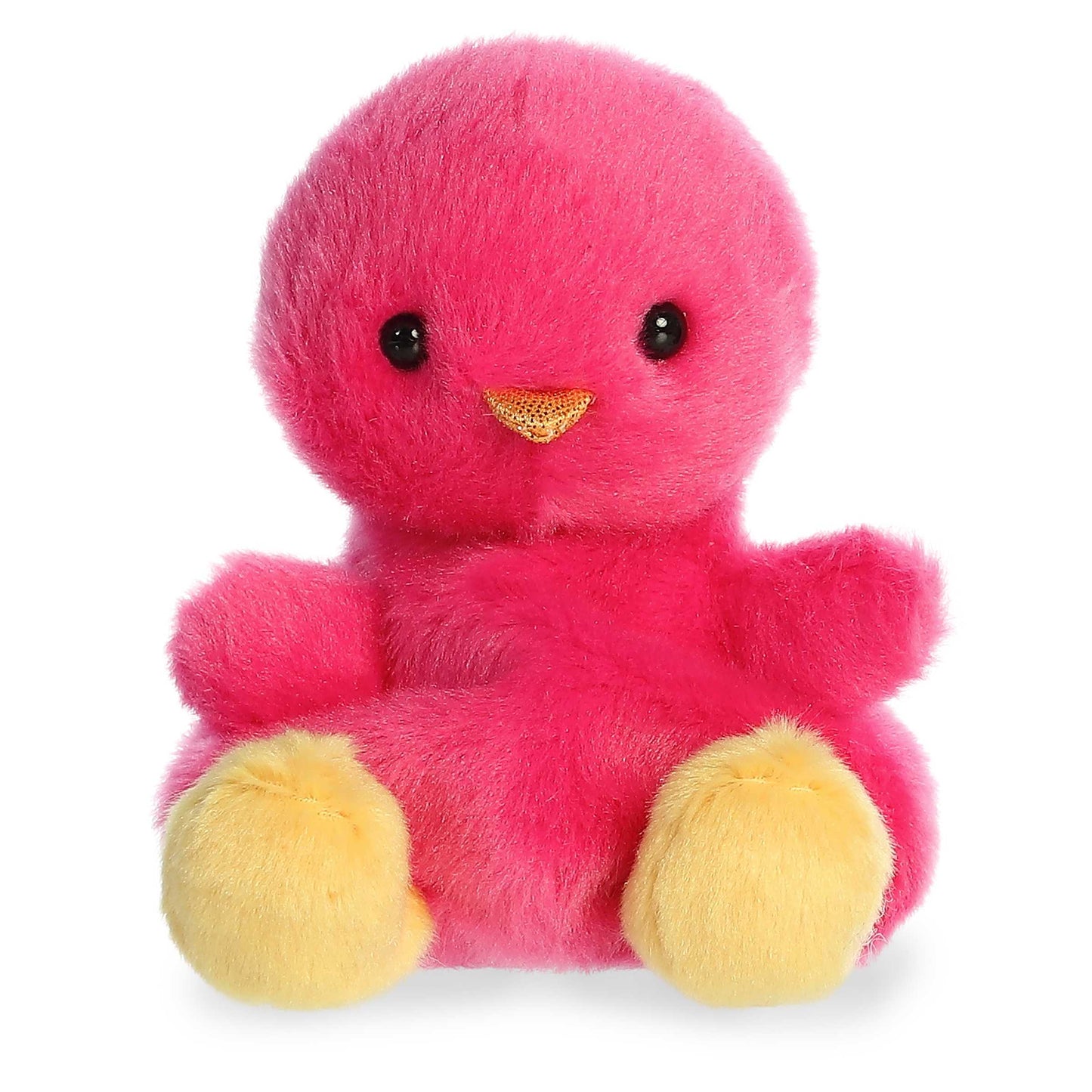 Product view of Palm Pals Peyton Pink Chick, a bright pink round plush bird with a yellow beak and feet, fitting in the palm of a hand.