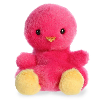 Product view of Palm Pals Peyton Pink Chick, a bright pink round plush bird with a yellow beak and feet, fitting in the palm of a hand.