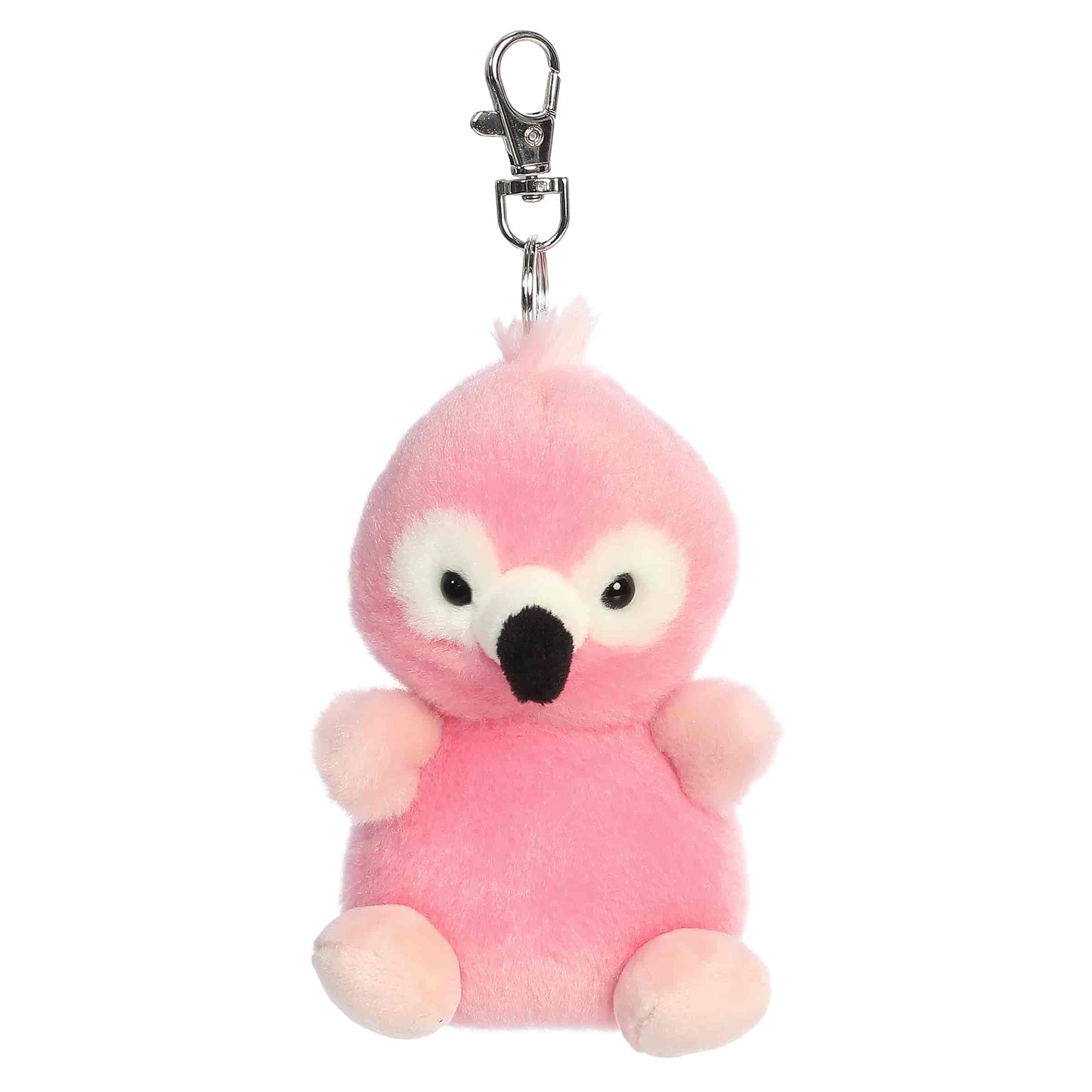 Palm Pals Pinky Flamingo Clip-On plush featuring vibrant pink fur, a sweet expression, and a metal keychain clip.
