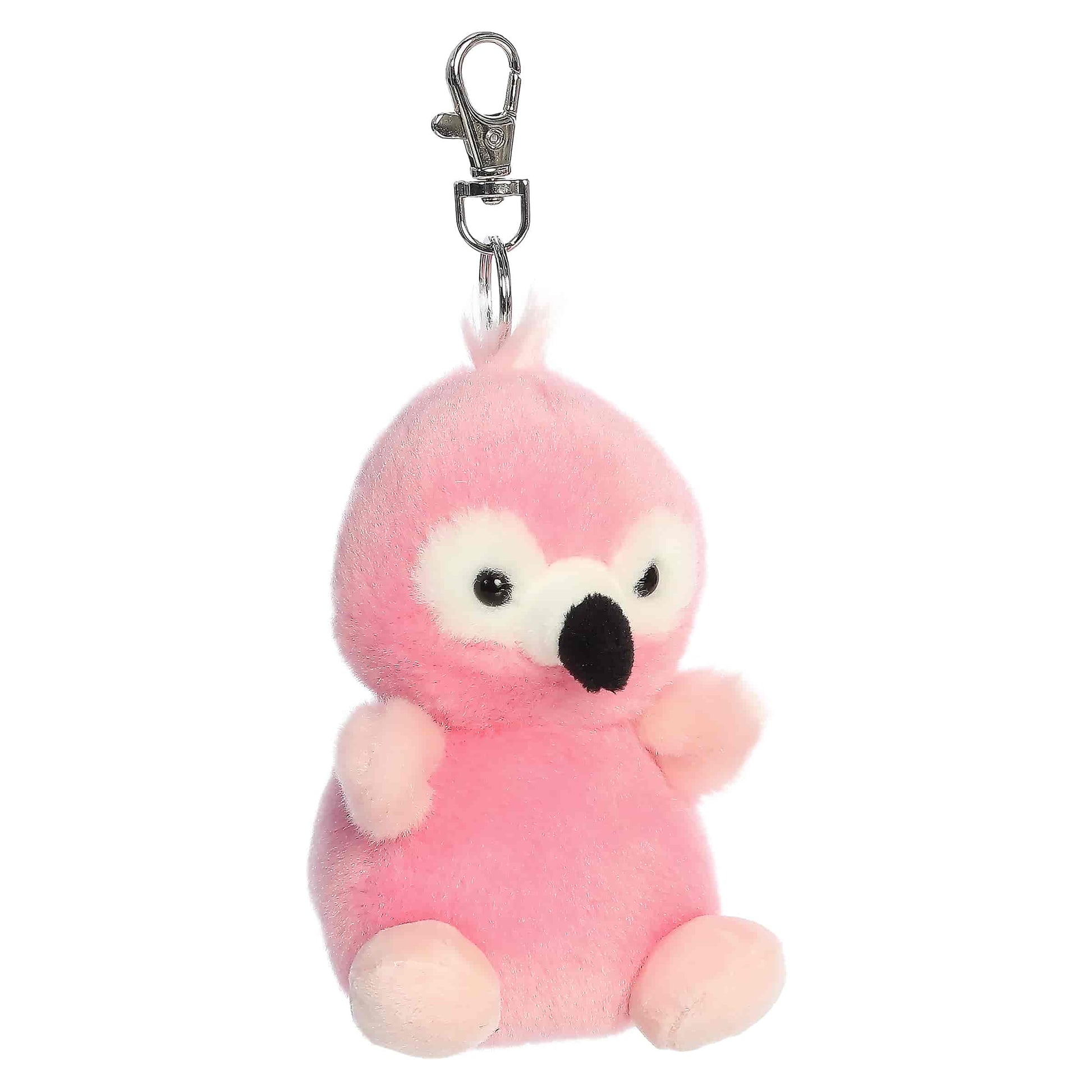Palm Pals Pinky Flamingo Clip-On plush featuring vibrant pink fur, a sweet expression, and a metal keychain clip.