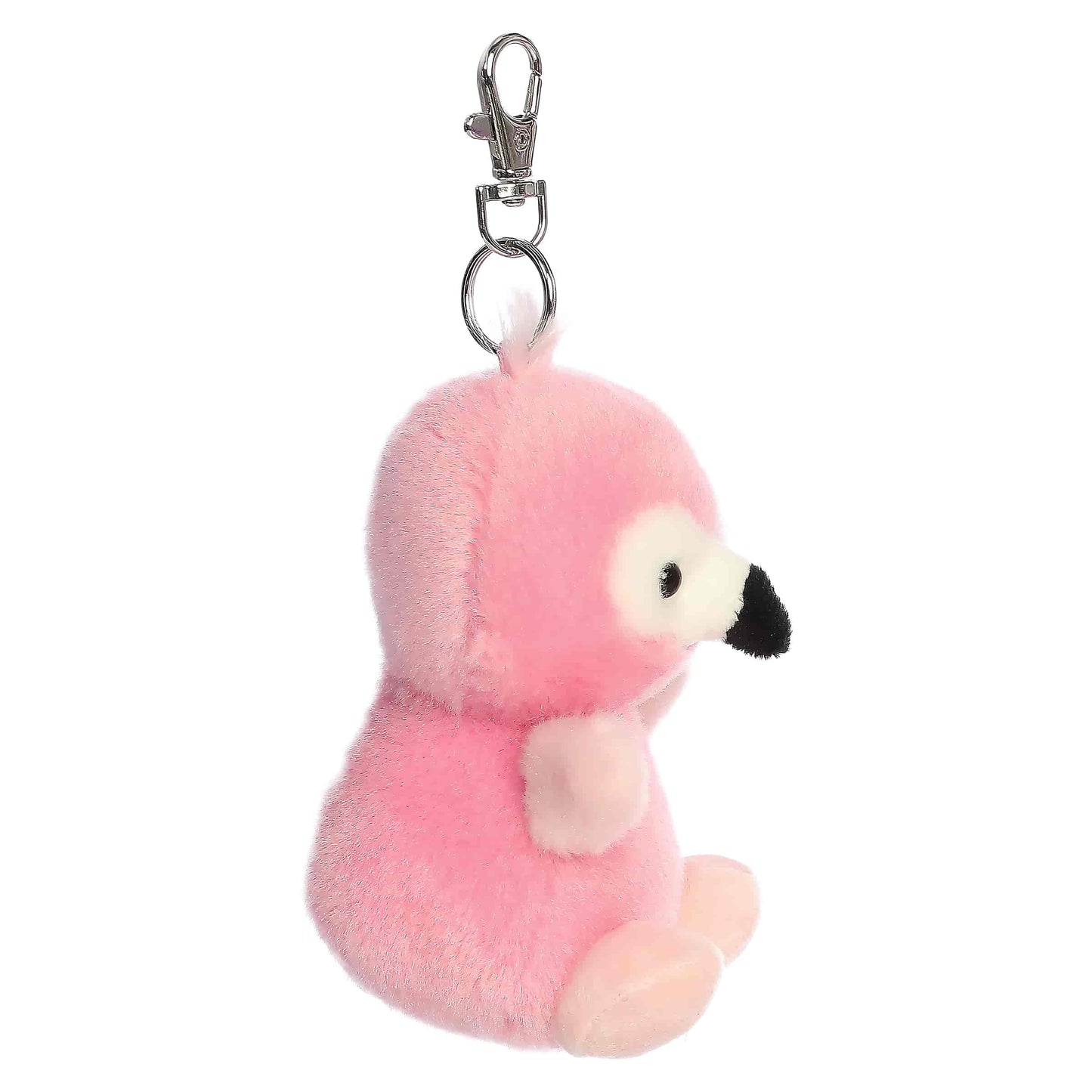 Palm Pals Pinky Flamingo Clip-On plush featuring vibrant pink fur, a sweet expression, and a metal keychain clip.
