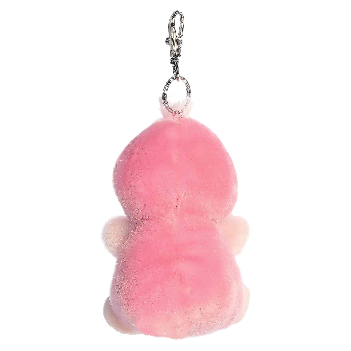 Palm Pals Pinky Flamingo Clip-On plush featuring vibrant pink fur, a sweet expression, and a metal keychain clip.