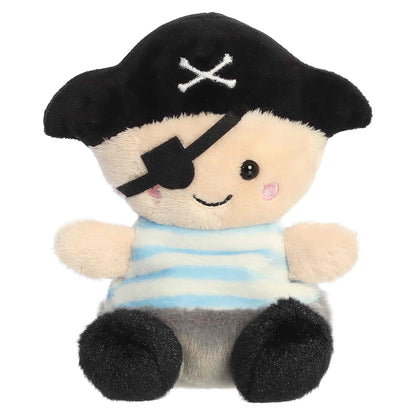 Palm Pals Planky The Pirate, a small plush pirate with rosy cheeks wearing a blue striped shirt, an eye patch, and a black pirate hat.