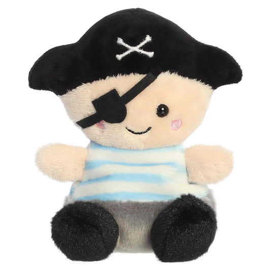 Palm Pals Planky The Pirate, a small plush pirate with rosy cheeks wearing a blue striped shirt, an eye patch, and a black pirate hat.