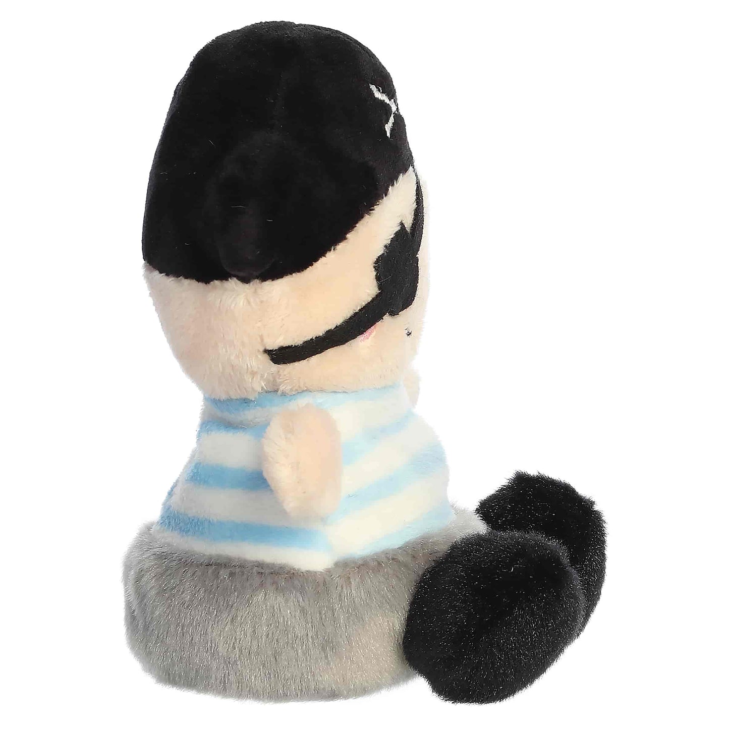 Palm Pals Planky The Pirate, a small plush pirate with rosy cheeks wearing a blue striped shirt, an eye patch, and a black pirate hat.