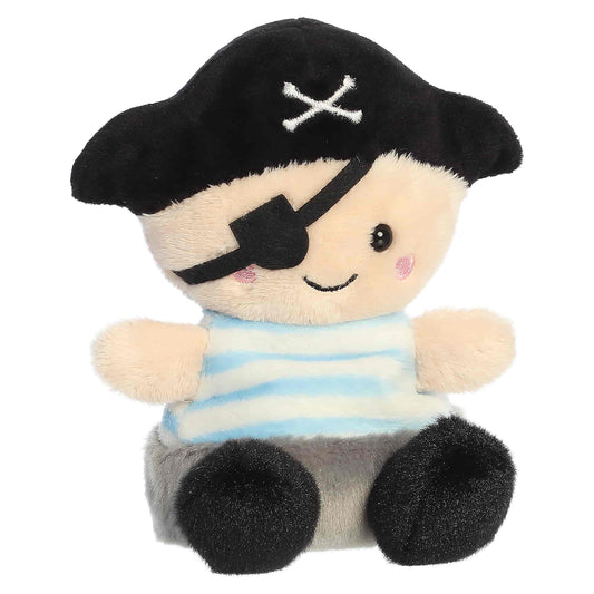 Palm Pals Planky The Pirate, a small plush pirate with rosy cheeks wearing a blue striped shirt, an eye patch, and a black pirate hat.