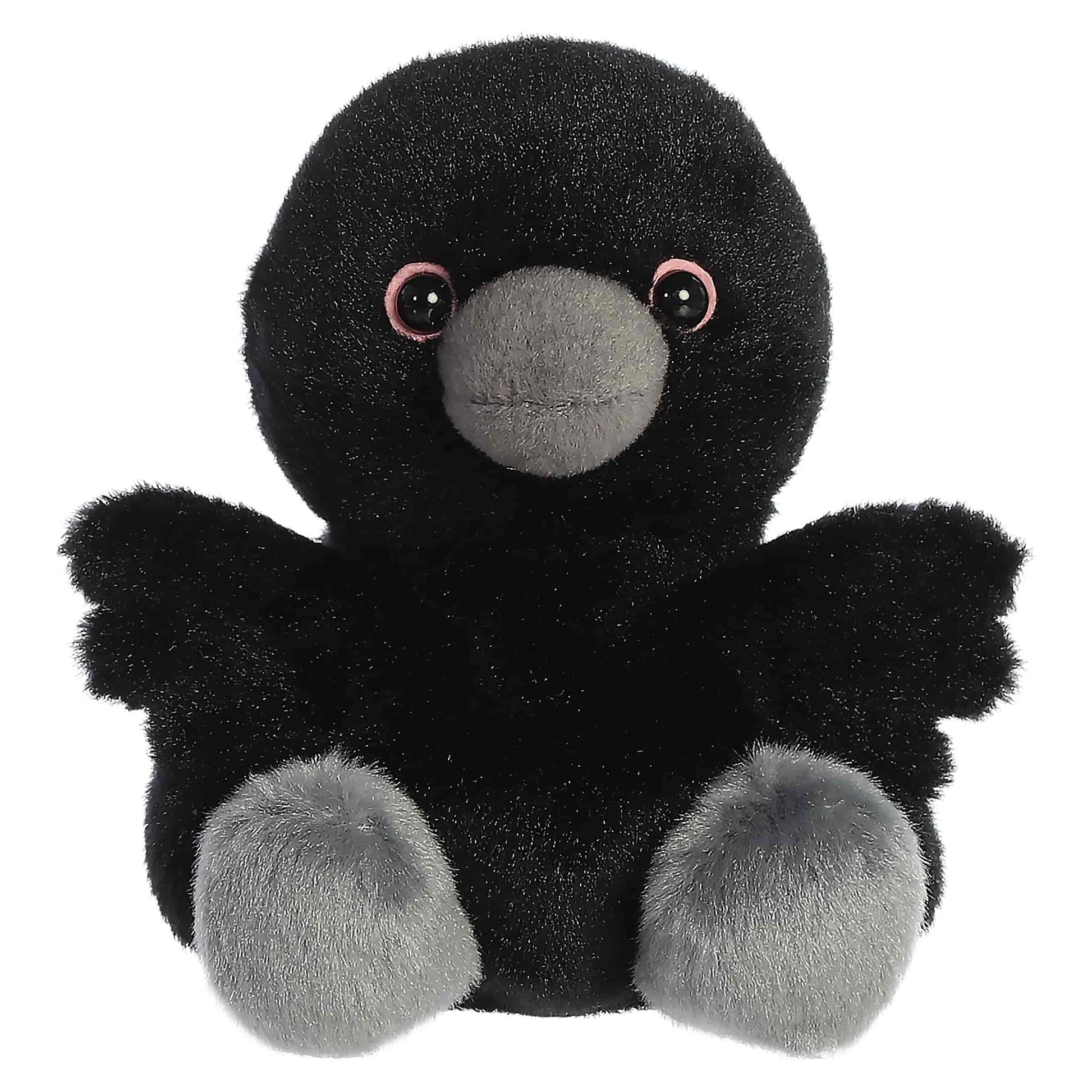 Palm Pals Poe Raven 4.5-inch black plush bird featuring outstretched wings, grey plush beak, and charcoal feet.