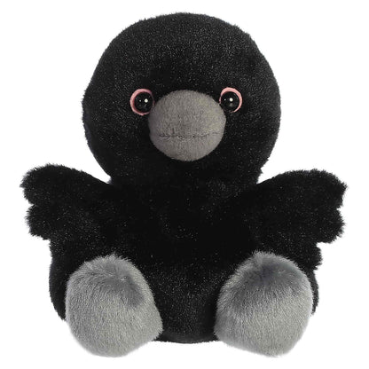 Palm Pals Poe Raven 4.5-inch black plush bird featuring outstretched wings, grey plush beak, and charcoal feet.