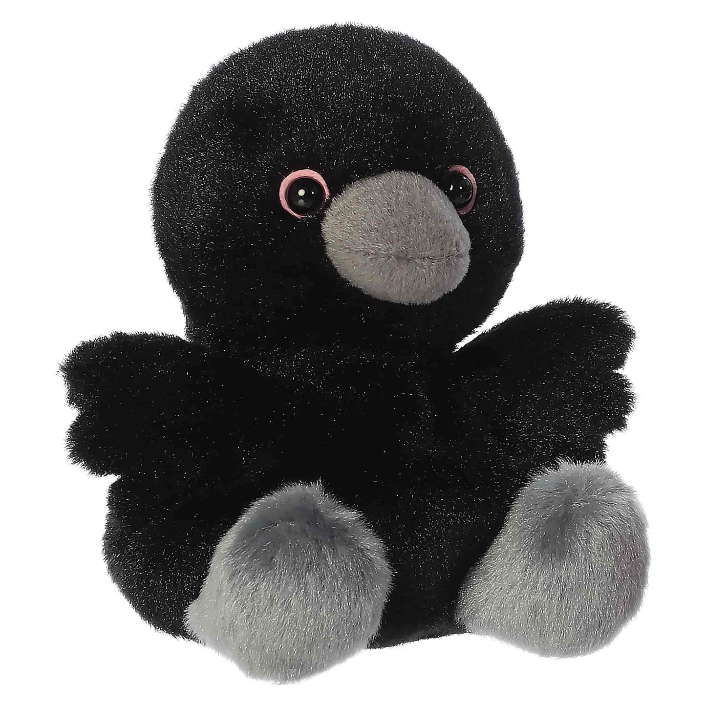 Palm Pals Poe Raven 4.5-inch black plush bird featuring outstretched wings, grey plush beak, and charcoal feet.