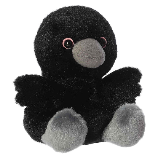 Palm Pals Poe Raven 4.5-inch black plush bird featuring outstretched wings, grey plush beak, and charcoal feet.