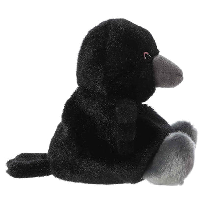 Palm Pals Poe Raven 4.5-inch black plush bird featuring outstretched wings, grey plush beak, and charcoal feet.