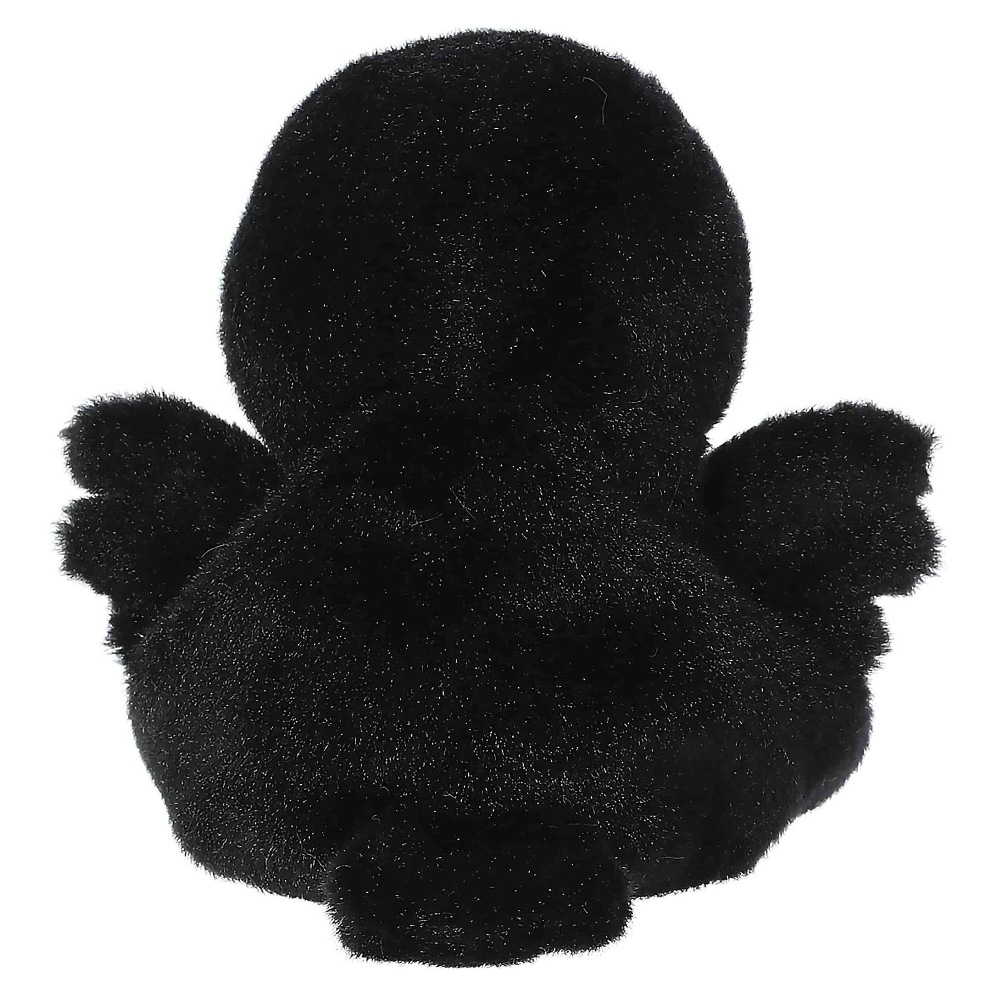 Palm Pals Poe Raven 4.5-inch black plush bird featuring outstretched wings, grey plush beak, and charcoal feet.