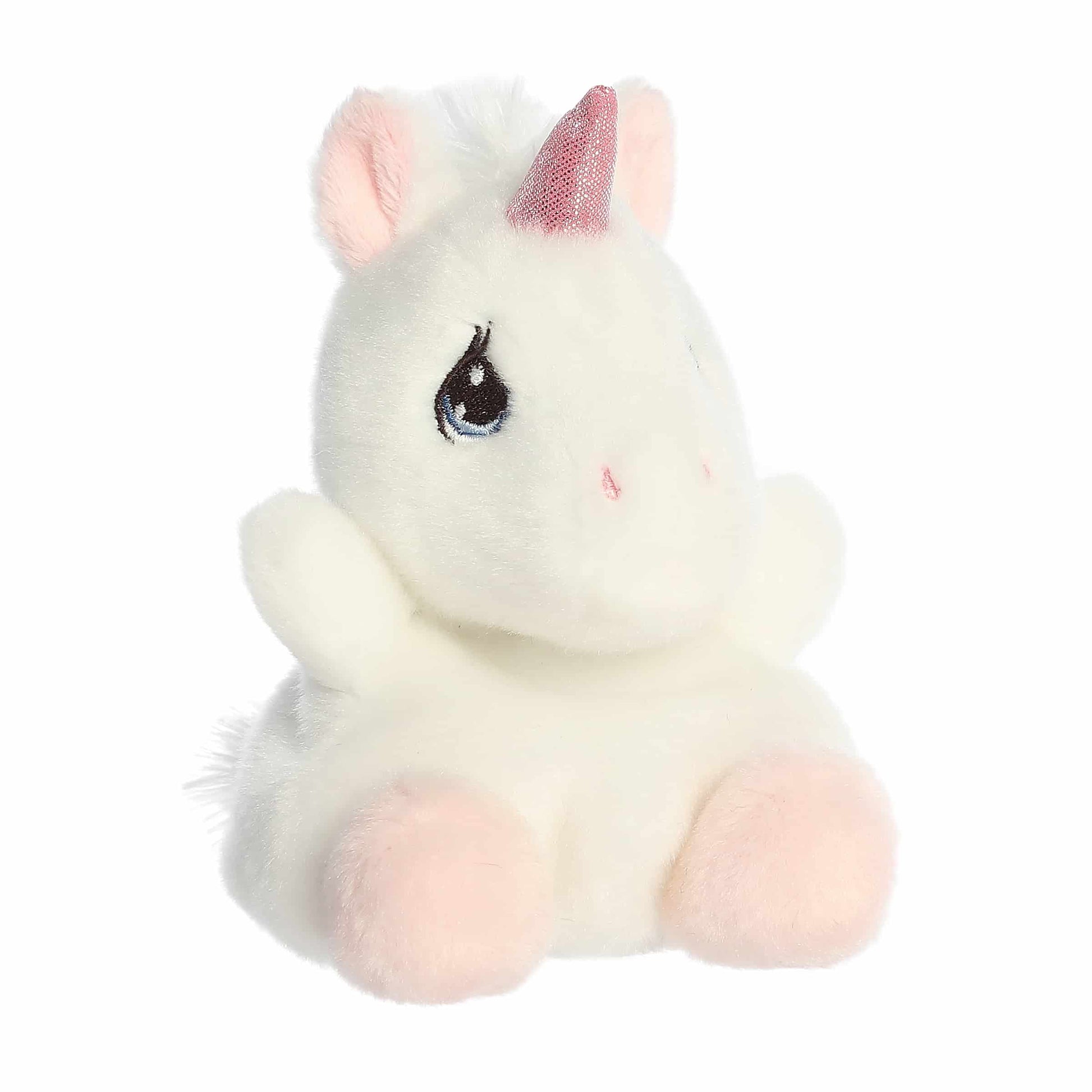 Angled view of Palm Pals Precious Moments Sparkle Unicorn 5-inch plush soft toy