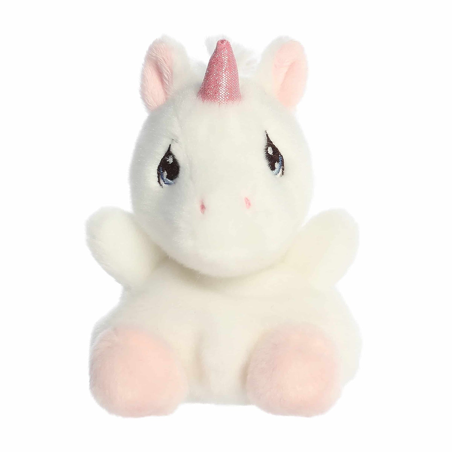 Palm Pals Precious Moments Sparkle Unicorn 5-inch plush soft toy, a white unicorn with a sparkly pink horn and teardrop eyes.