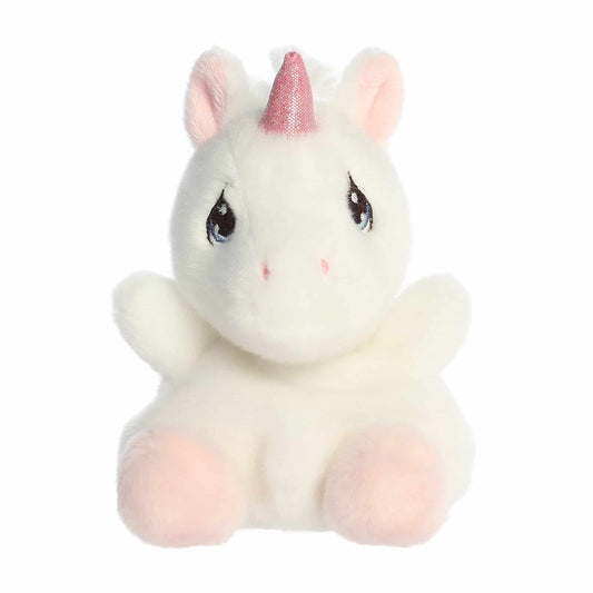 Palm Pals Precious Moments Sparkle Unicorn 5-inch plush soft toy, a white unicorn with a sparkly pink horn and teardrop eyes.