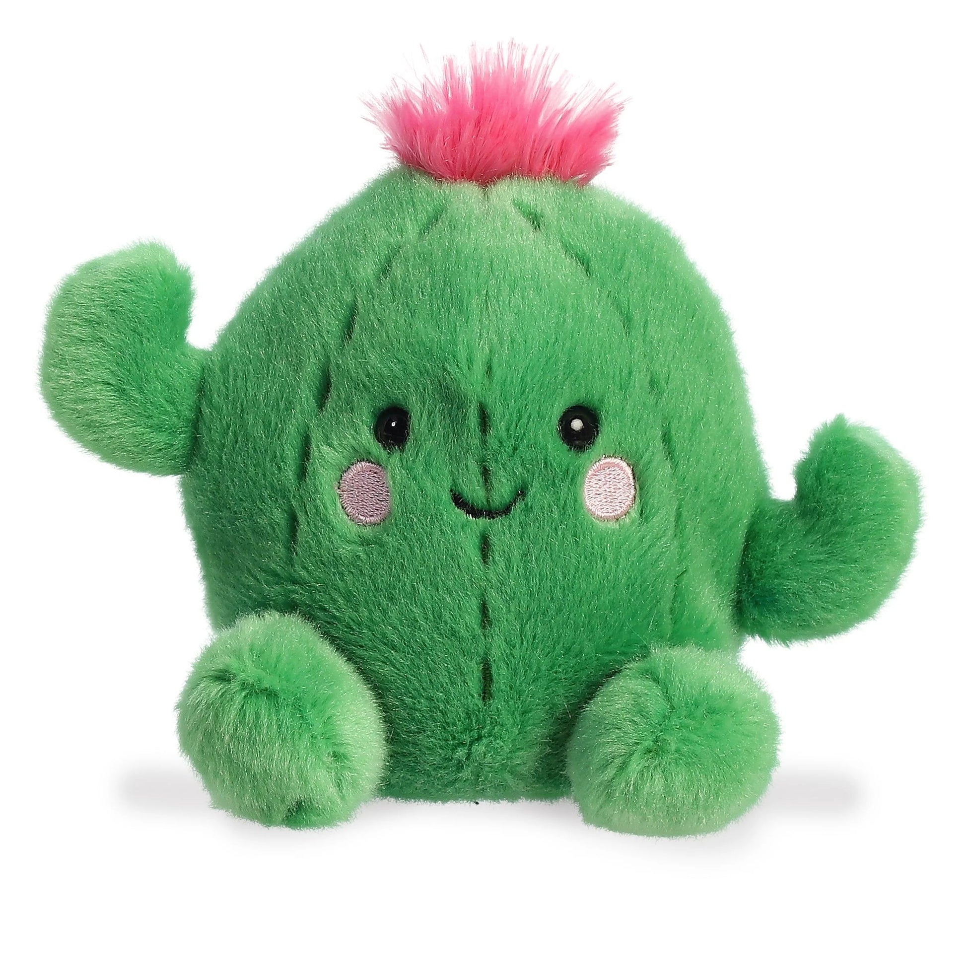 Palm Pals Prickles Cactus 5-inch plush soft toy, a green cactus with a pink hair tuft and rosy cheeks.