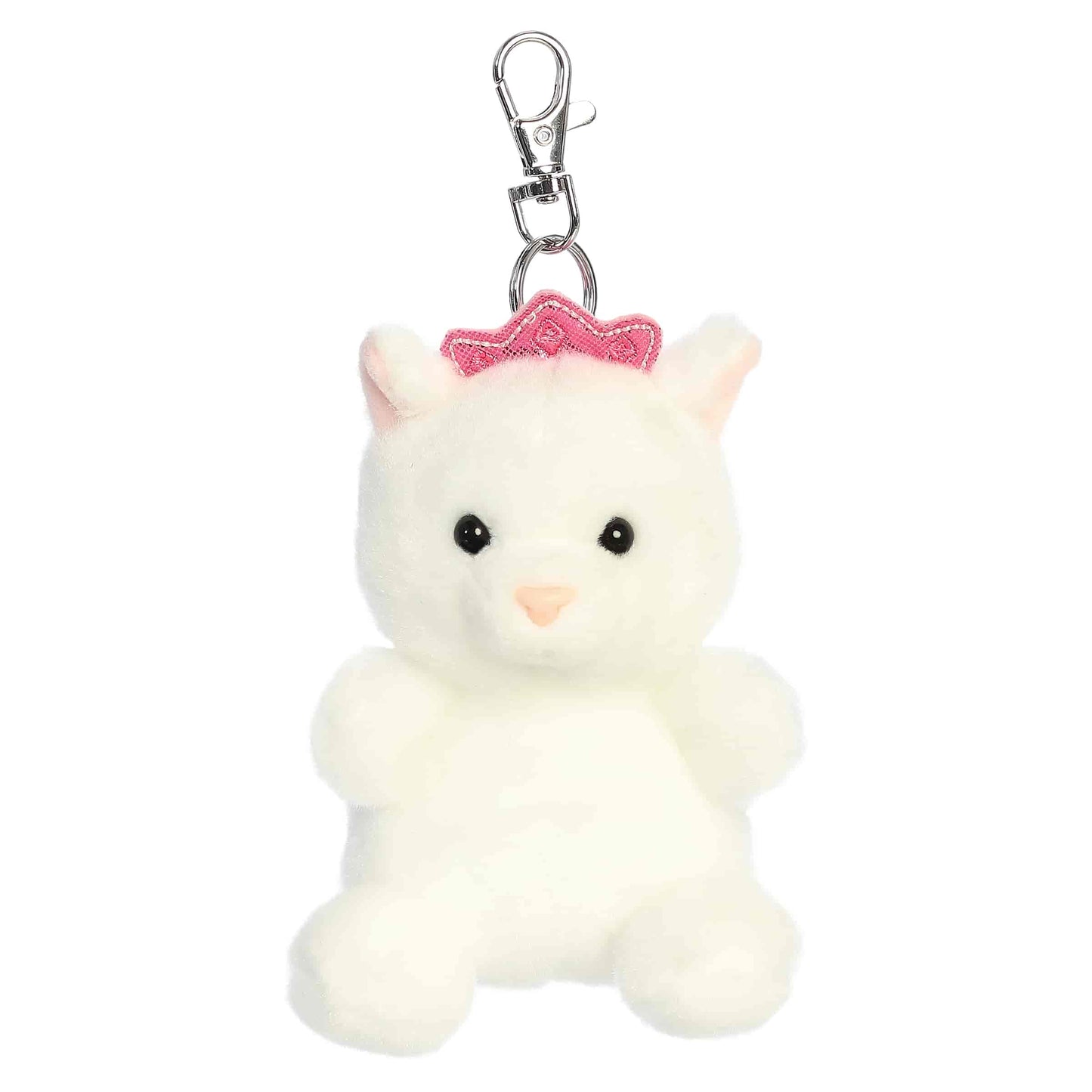 Palm Pals Princess Kitty Clip-On plush featuring soft white fur, a sparkling pink crown, and a metal keychain clip.