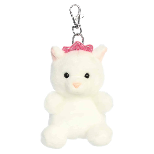 Palm Pals Princess Kitty Clip-On plush featuring soft white fur, a sparkling pink crown, and a metal keychain clip.