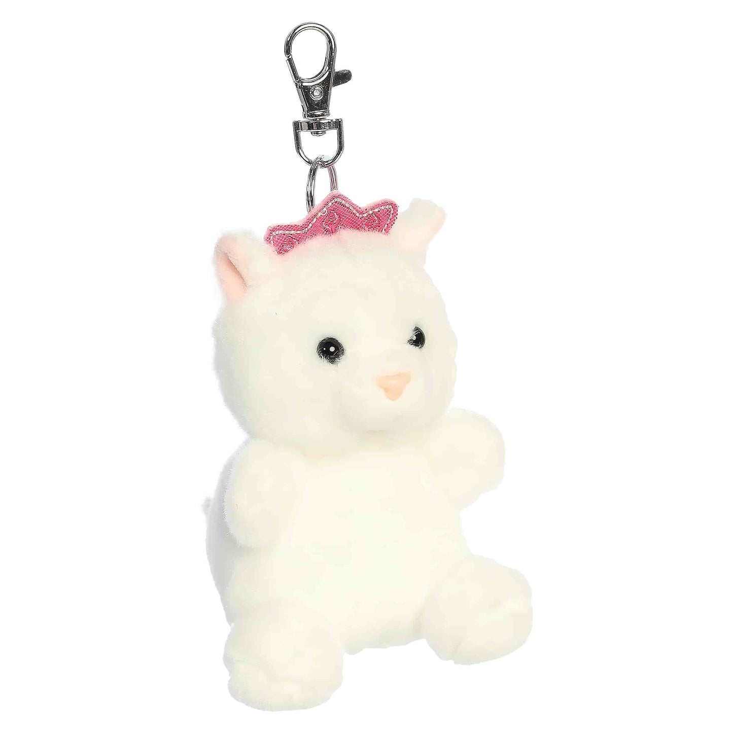 Palm Pals Princess Kitty Clip-On plush featuring soft white fur, a sparkling pink crown, and a metal keychain clip.