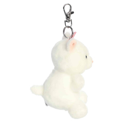 Palm Pals Princess Kitty Clip-On plush featuring soft white fur, a sparkling pink crown, and a metal keychain clip.