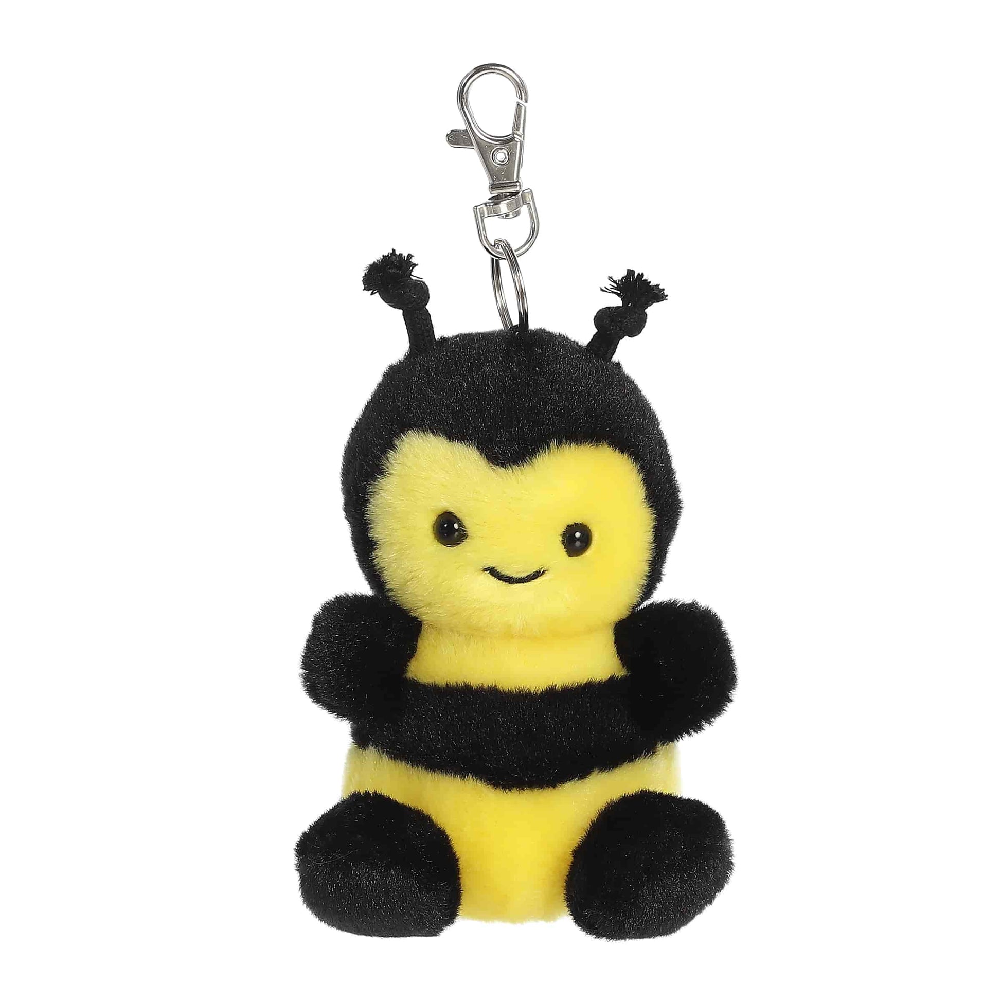 Product view of Palm Pals Queeny Bee, a 4-inch black and yellow plush bee with knotted antennae and a plastic keychain clip.