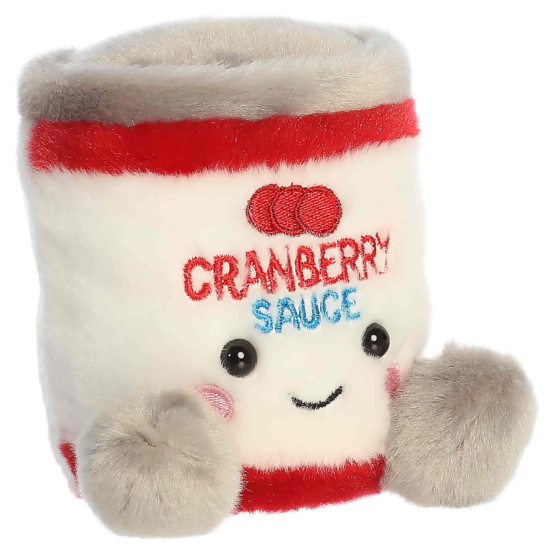 Palm Pals Quinn Cranberry Sauce 4-inch plush can featuring embroidered red and blue lettering, red cranberry details, and gray plush feet.