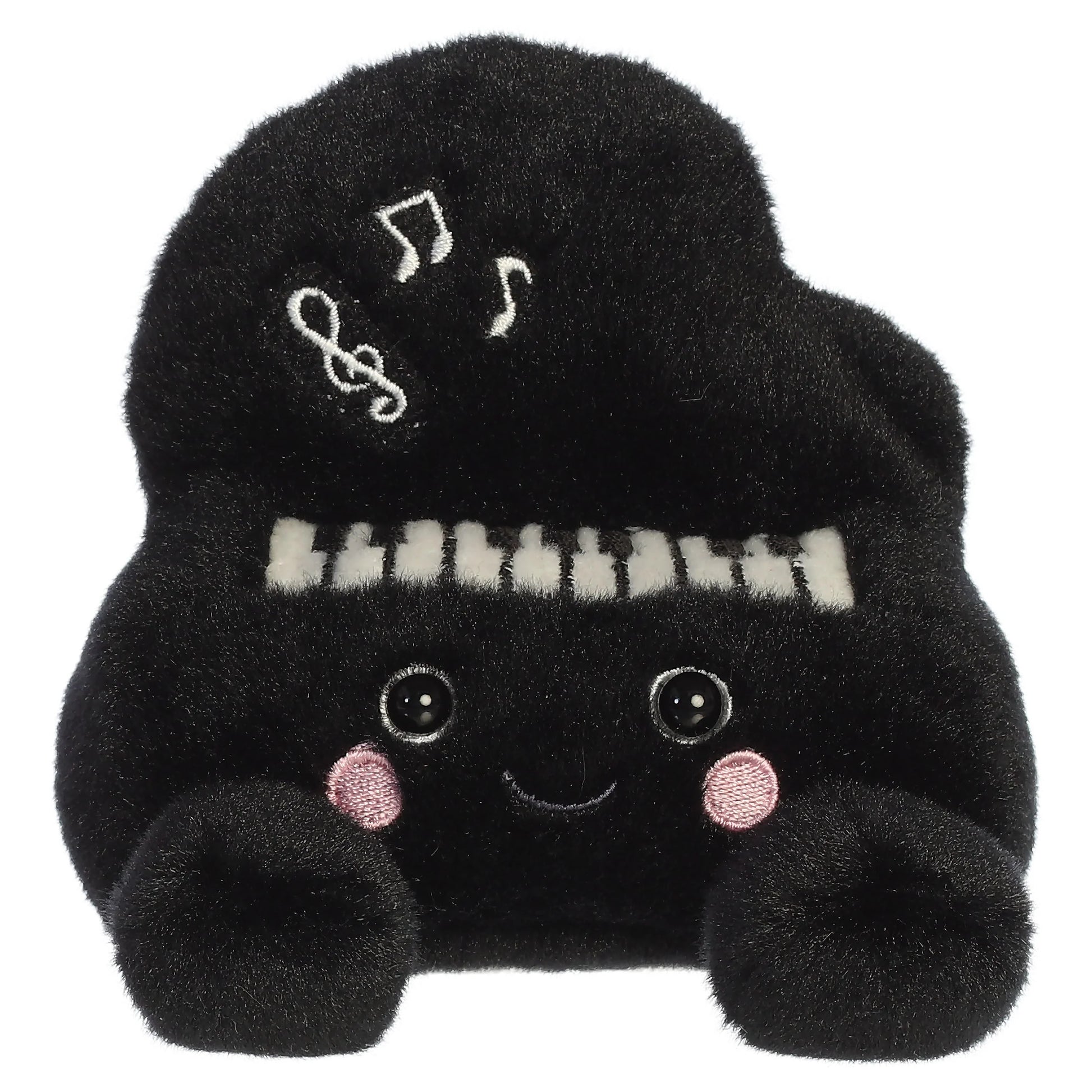 Palm Pals Ragtime Piano plush toy in black with embroidered piano keys, white musical notes, a cute smiling face, and pink blush.