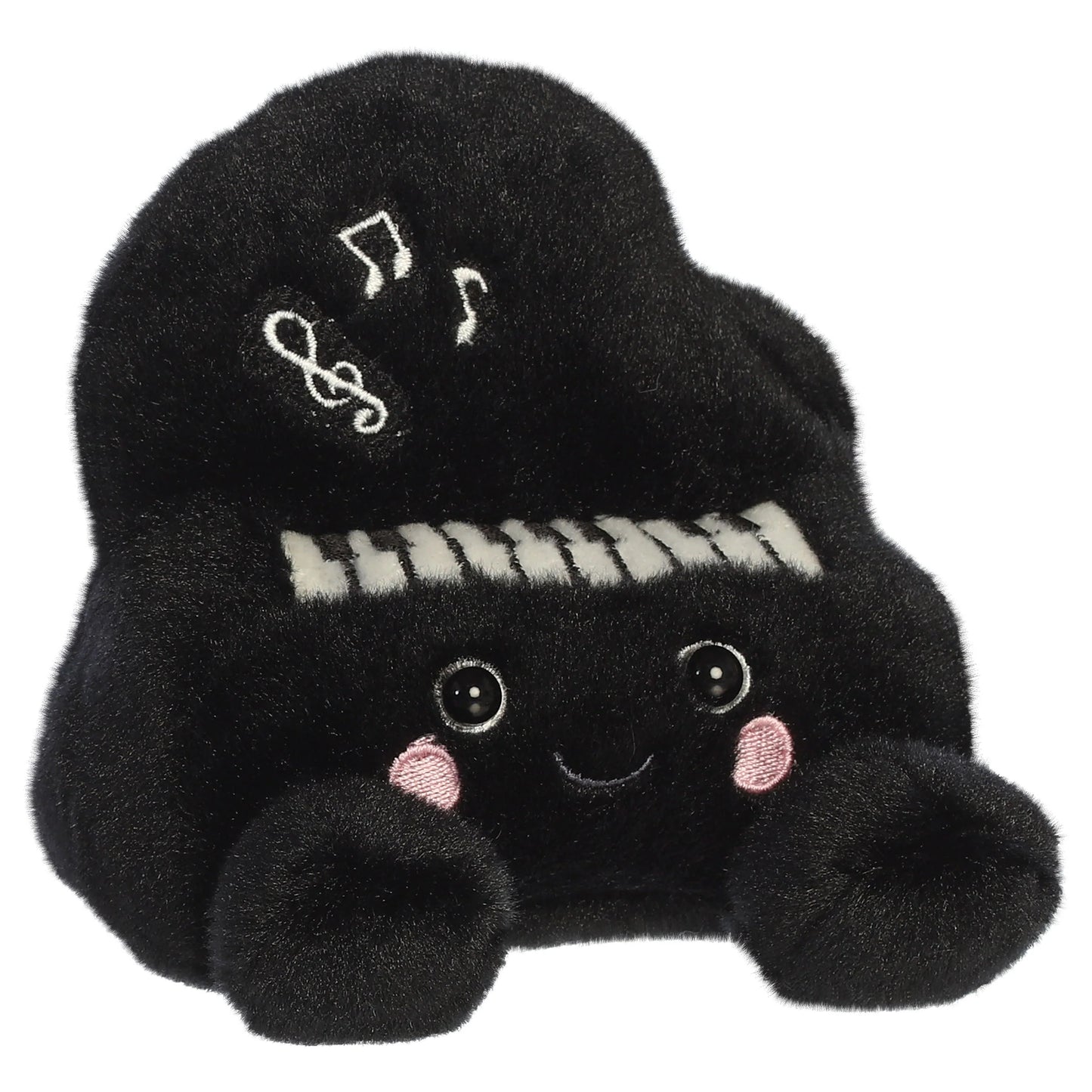 Palm Pals Ragtime Piano plush toy in black with embroidered piano keys, white musical notes, a cute smiling face, and pink blush.