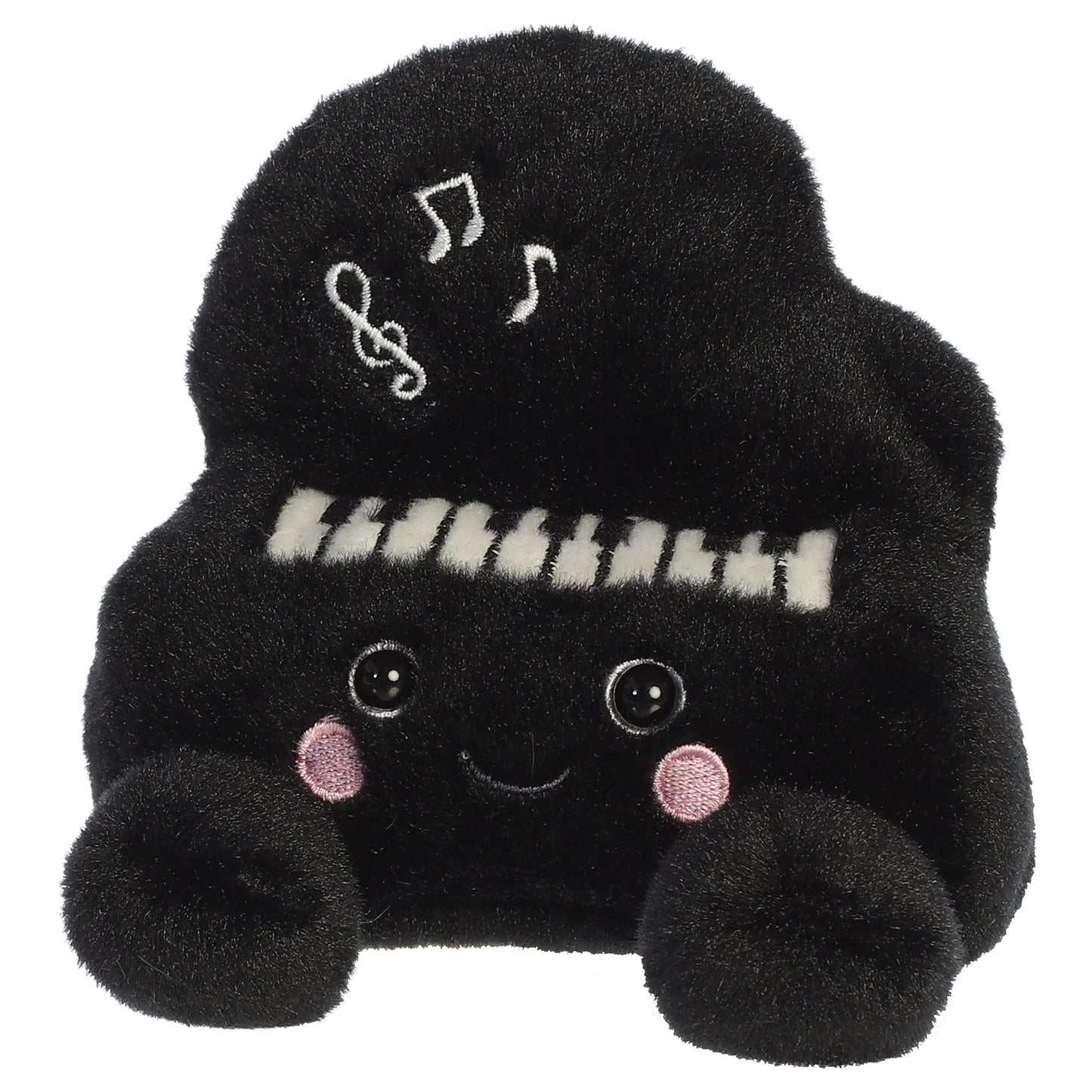 Palm Pals Ragtime Piano plush toy in black with embroidered piano keys, white musical notes, a cute smiling face, and pink blush.