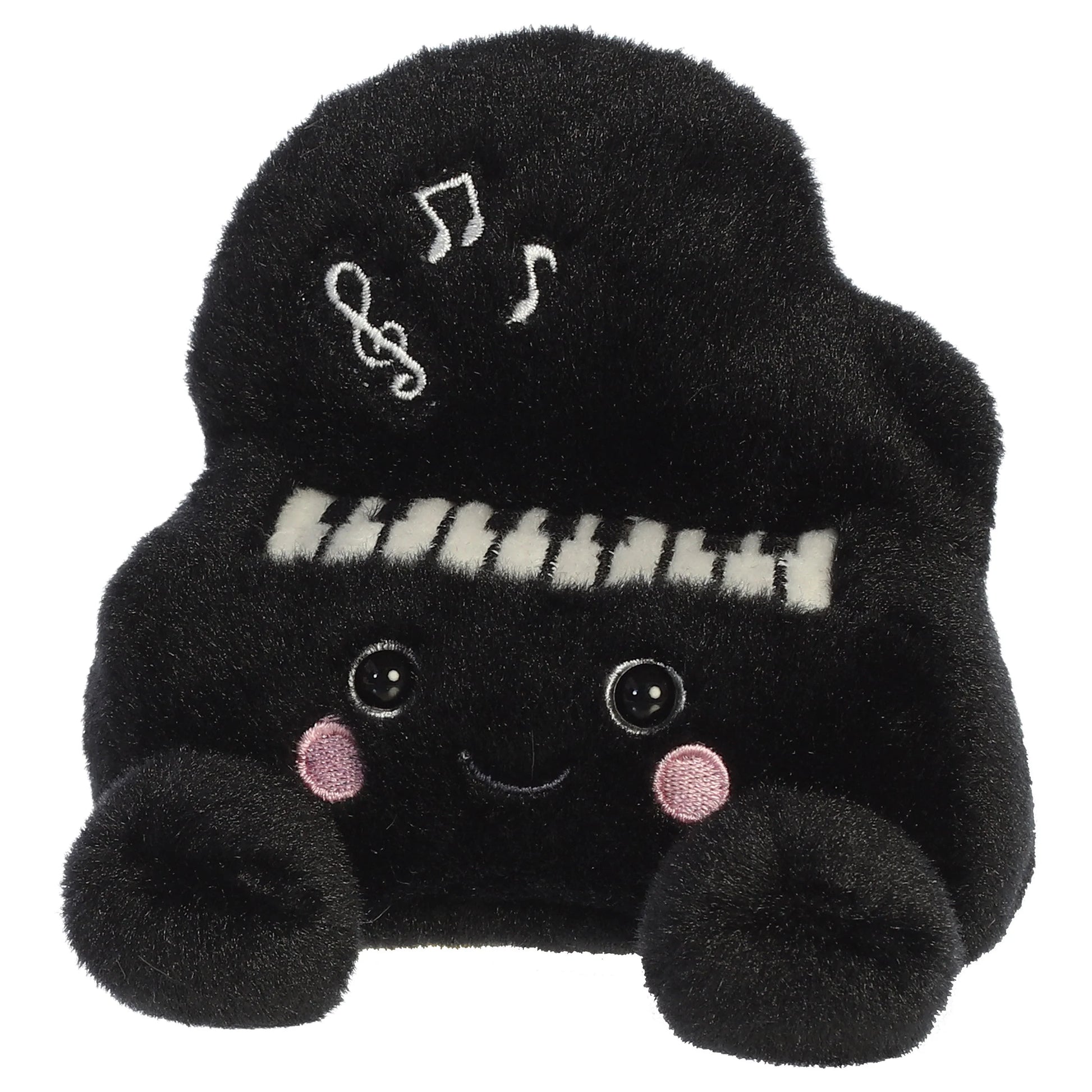 Palm Pals Ragtime Piano plush toy in black with embroidered piano keys, white musical notes, a cute smiling face, and pink blush.
