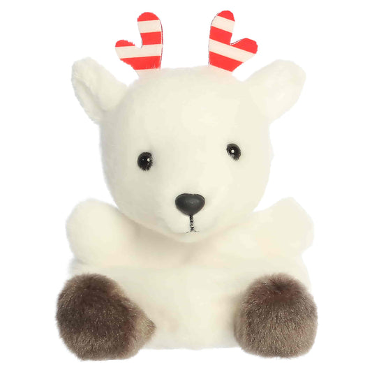 Palm Pals Rem Peppermint Reindeer 5-inch white plush featuring red-and-white striped peppermint antlers and brown hooves.