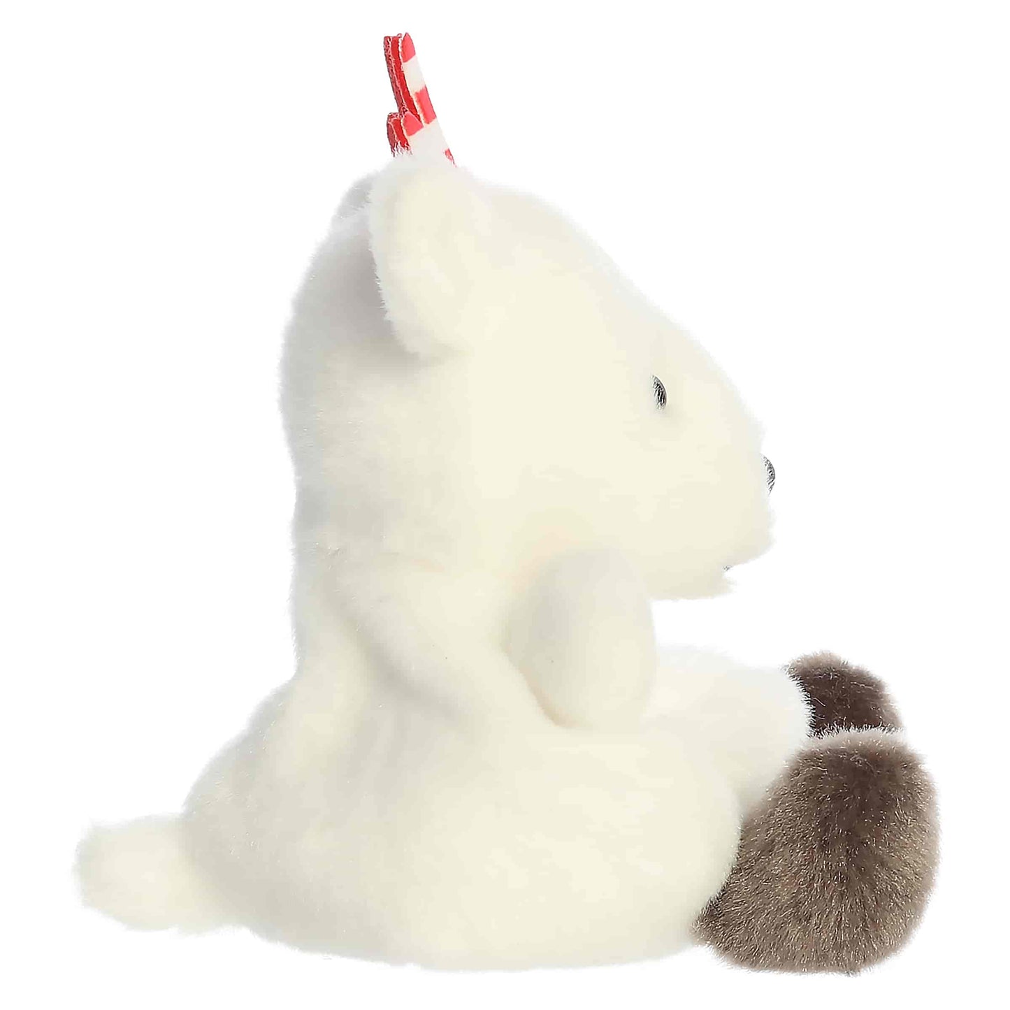 Palm Pals Rem Peppermint Reindeer 5-inch white plush featuring red-and-white striped peppermint antlers and brown hooves.