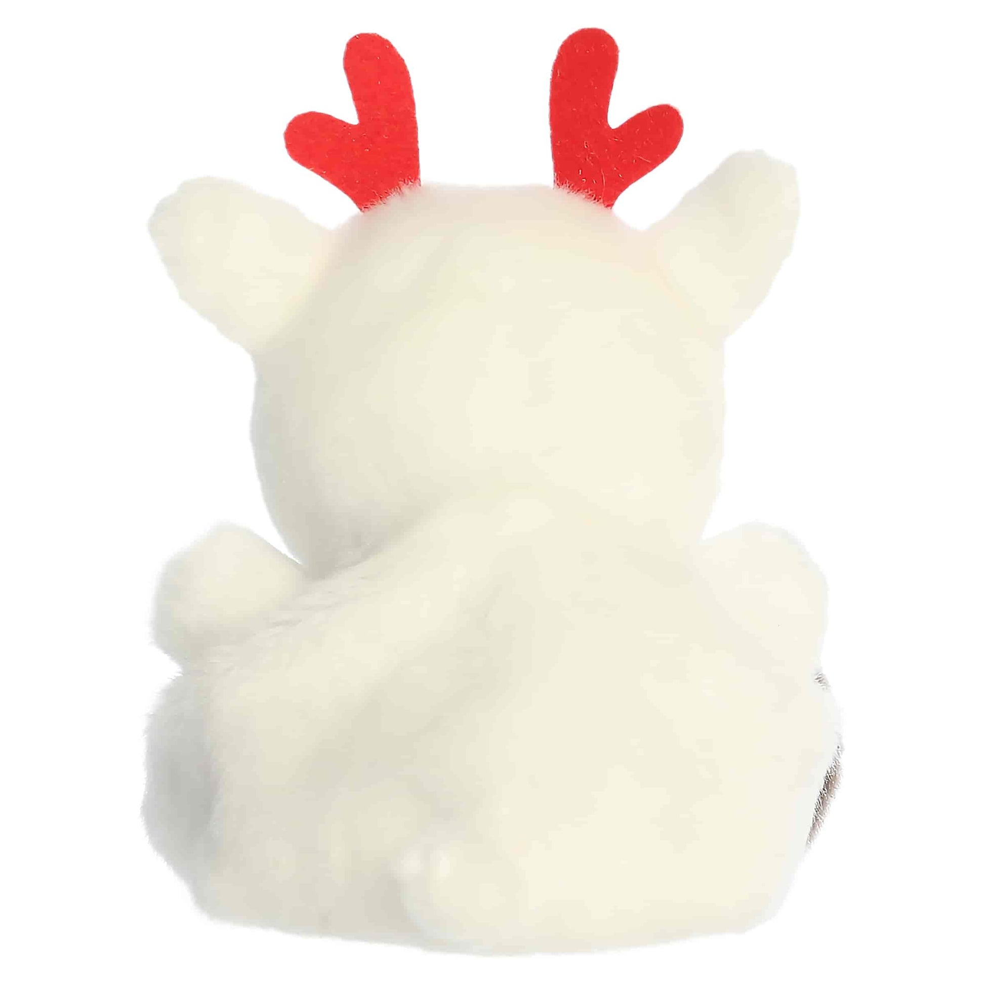 Palm Pals Rem Peppermint Reindeer 5-inch white plush featuring red-and-white striped peppermint antlers and brown hooves.