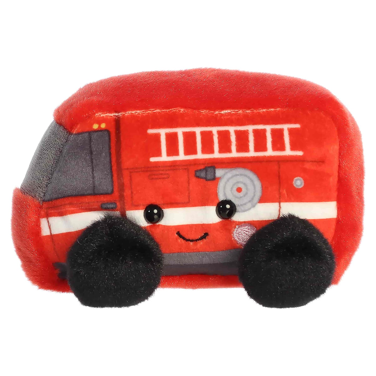 Palm Pals Rescue Firetruck plush featuring a bright red body, printed ladder and hose details, soft black wheels, and a sweet blushing face.