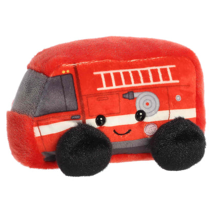 Palm Pals Rescue Firetruck plush featuring a bright red body, printed ladder and hose details, soft black wheels, and a sweet blushing face.