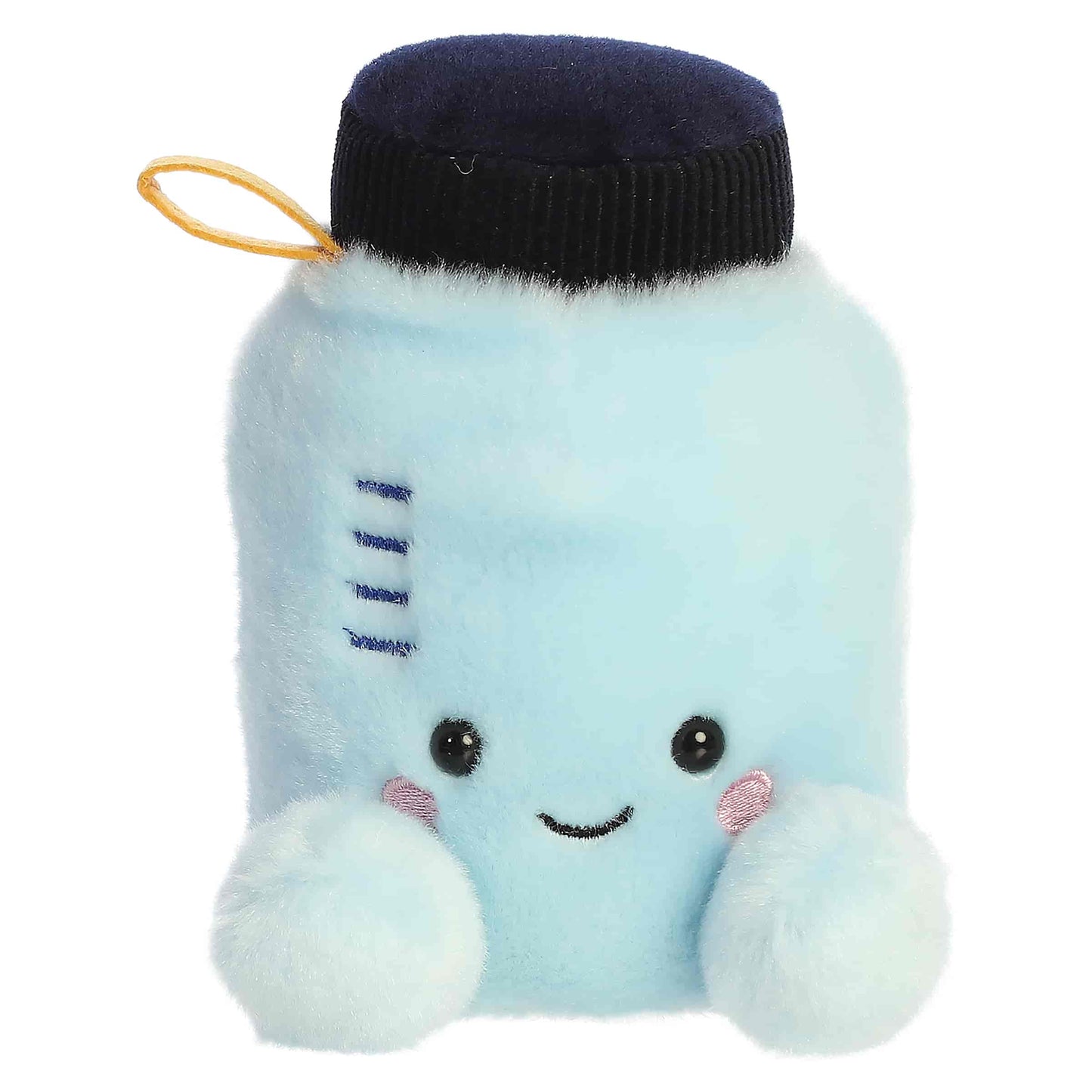 Palm Pals Rowan Water Bottle plush featuring a light blue body, dark navy lid, tiny handle, and a sweet smiling face.