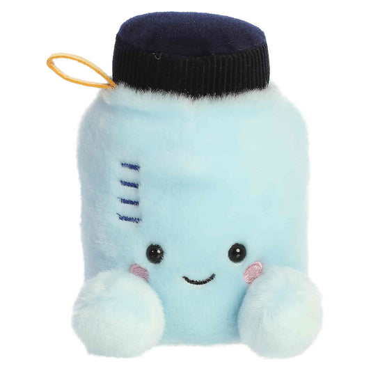Palm Pals Rowan Water Bottle plush featuring a light blue body, dark navy lid, tiny handle, and a sweet smiling face.