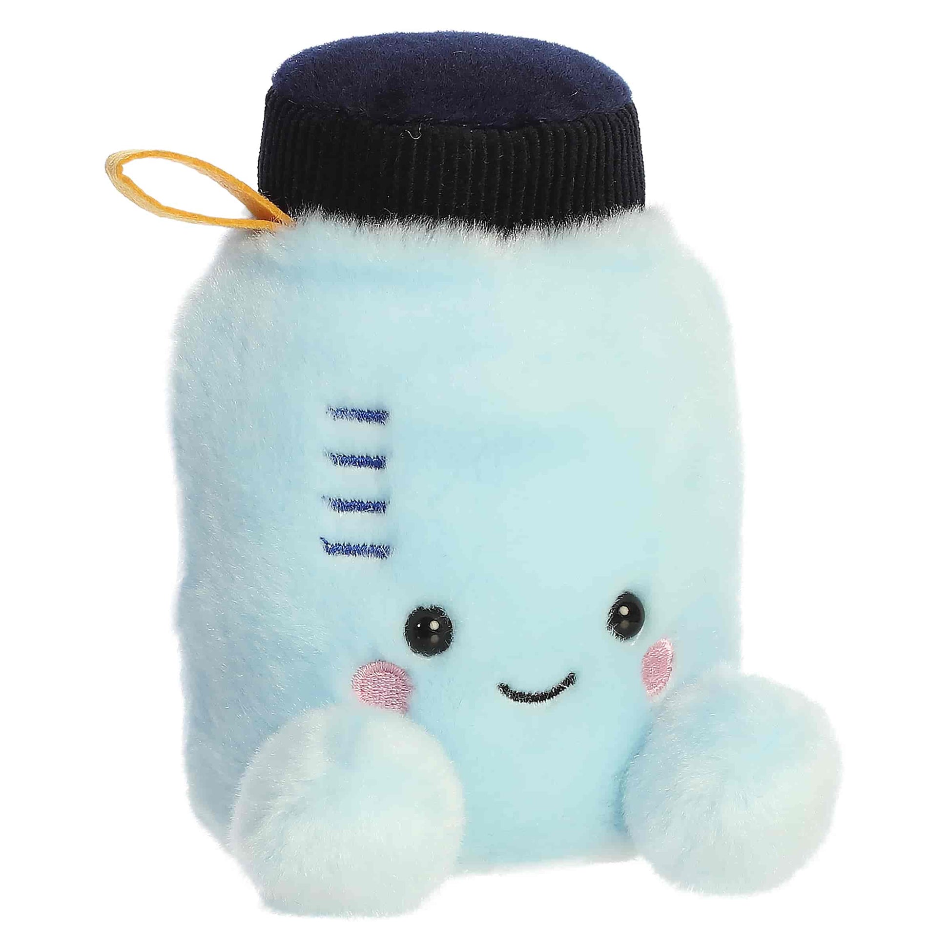 Palm Pals Rowan Water Bottle plush featuring a light blue body, dark navy lid, tiny handle, and a sweet smiling face.