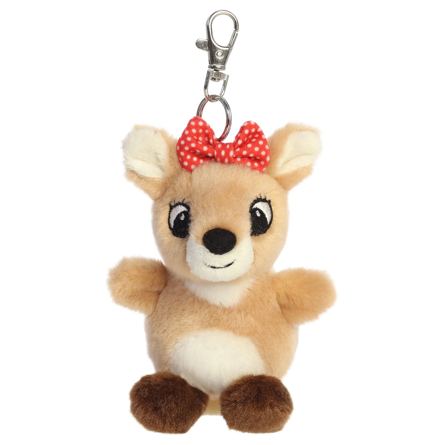 Palm Pals Clarice clip-on keychain plush toy with a red polka dot bow from Rudolph the Red-Nosed Reindeer.