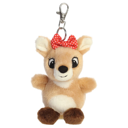 Palm Pals Clarice clip-on keychain plush toy with a red polka dot bow from Rudolph the Red-Nosed Reindeer.