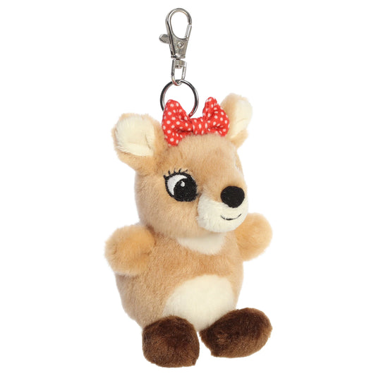 Palm Pals Clarice clip-on keychain plush toy with a red polka dot bow from Rudolph the Red-Nosed Reindeer.