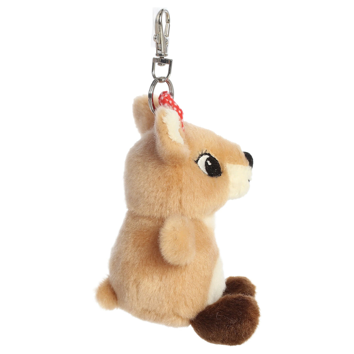 Palm Pals Clarice clip-on keychain plush toy with a red polka dot bow from Rudolph the Red-Nosed Reindeer.
