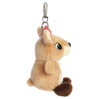 Palm Pals Clarice clip-on keychain plush toy with a red polka dot bow from Rudolph the Red-Nosed Reindeer.