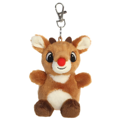 Palm Pals Rudolph clip-on keychain plush toy with a metal clip and bright red nose from Rudolph the Red-Nosed Reindeer.